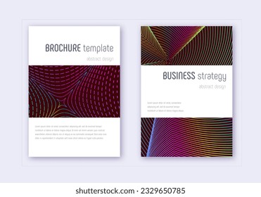 Conjunto de plantillas de diseño de portada minimalista. Líneas abstractas del arcoiris sobre fondo rojo del vino. Diseño de cubierta energética. Catálogo óptimo, afiche, plantilla de libro, etc.