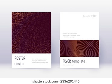 Minimalistic cover design template set. Orange abstract lines on wine red background. Elegant cover design. Delightful catalog, poster, book template etc.