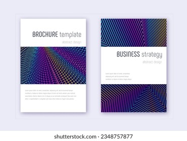 Minimalistic cover design template set. Rainbow abstract lines on dark blue background. Energetic cover design. Delightful catalog, poster, book template etc.