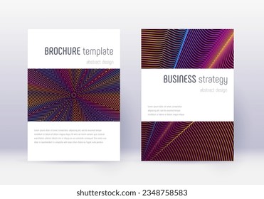 Minimalistic cover design template set. Rainbow abstract lines on wine red background. Energetic cover design. Pleasant catalog, poster, book template etc.