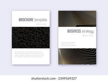 Minimalistic cover design template set. Gold abstract lines on black background. Emotional cover design. Impressive catalog, poster, book template etc.