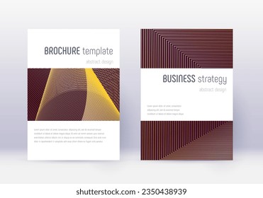 Minimalistic cover design template set. Gold abstract lines on maroon background. Emotional cover design. Memorable catalog, poster, book template etc.