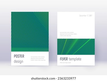 Conjunto de plantillas de diseño de portada minimalista. Líneas abstractas verdes sobre fondo oscuro. Diseño estático de la cubierta. Catálogo ideal, afiche, plantilla de libro, etc.