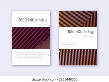 Minimalistic cover design template set. Gold abstract lines on maroon background. Emotional cover design. Modern catalog, poster, book template etc.