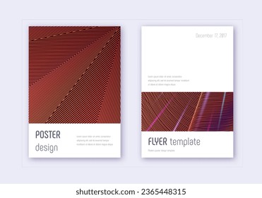 Minimalistic cover design template set. Orange abstract lines on wine red background. Elegant cover design. Energetic catalog, poster, book template etc.