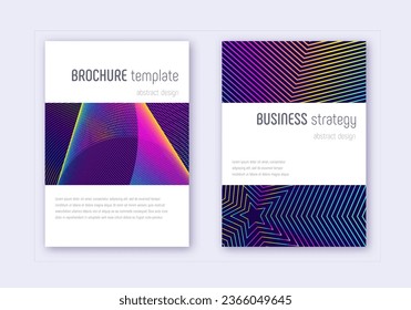 Minimalistic cover design template set. Rainbow abstract lines on dark blue background. Energetic cover design. Gorgeous catalog, poster, book template etc.