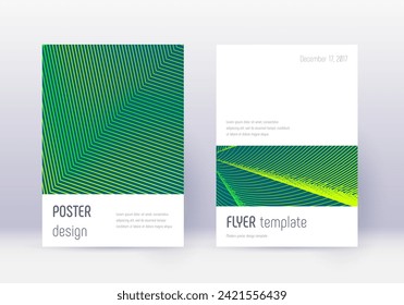 Minimalistic cover design template set. Green abstract lines on dark background. Ecstatic cover design. Magnificent catalog, poster, book template etc.