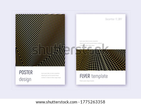 Minimalistic cover design template set. Gold abstract lines on black background. Dramatic cover design. Posh catalog, poster, book template etc.