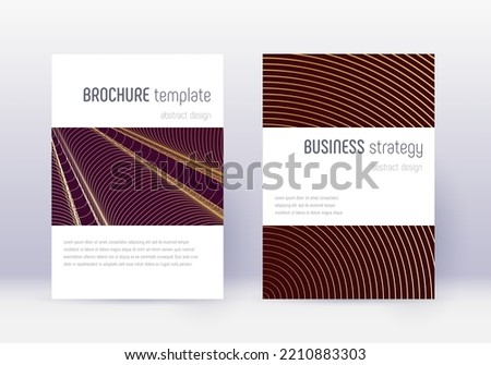 Minimalistic cover design template set. Gold abstract lines on maroon background. Emotional cover design. Terrific catalog, poster, book template etc.