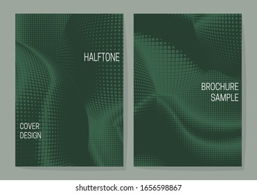 Minimalistic cover design templates with green monochrome halftone dotted backgrounds. Layouts for book, brochure, booklet, leaflet or journal covers.