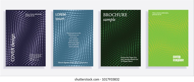 Minimalistic cover design templates. Set of layouts for covers of books, albums, notebooks, reports, magazines. Line halftone gradient effect, flat modern abstract design. Geometric mock-up texture