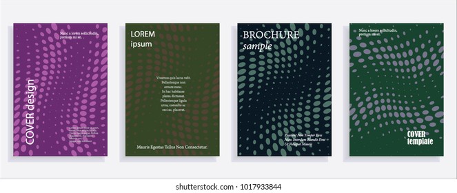 Minimalistic cover design templates. Set of layouts for covers of books, albums, notebooks, reports, magazines. Line halftone gradient effect, flat modern abstract design. Geometric mock-up texture