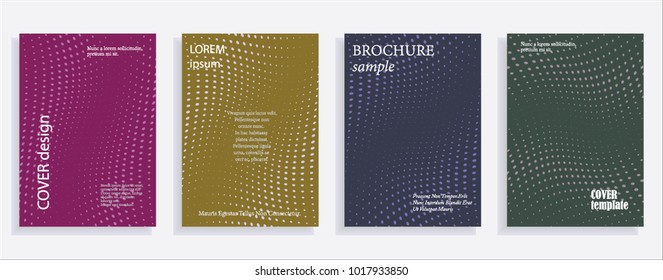 Minimalistic cover design templates. Set of layouts for covers of books, albums, notebooks, reports, magazines. Line halftone gradient effect, flat modern abstract design. Geometric mock-up texture