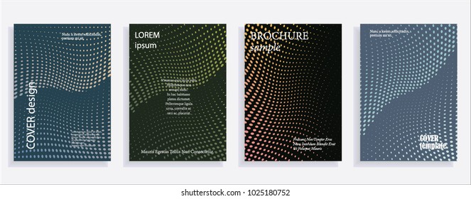 Minimalistic cover design templates. Set of layouts for covers of books, albums, notebooks, reports, magazines. Line halftone gradient effect, flat modern abstract design. Geometric mock-up texture
