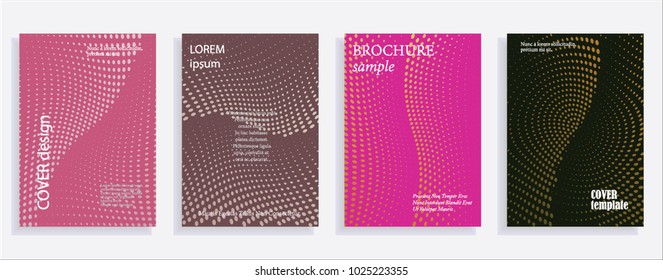 Plantillas de diseño de portada minimalistas. Conjunto de diseños para portadas, libros, álbumes, cuadernos, reportes, revistas. Efecto de degradado de semitonos de punto de línea, diseño abstracto moderno plano. Textura geométrica simulada