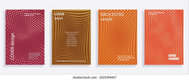 Minimalistic cover design templates. Set of layouts for covers of books, albums, notebooks, reports, magazines. Line halftone gradient effect, flat modern abstract design. Geometric mock-up texture