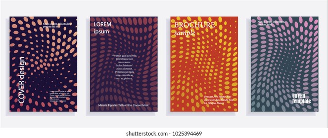 Minimalistic cover design templates. Set of layouts for covers of books, albums, notebooks, reports, magazines. Line halftone gradient effect, flat modern abstract design. Geometric mock-up texture