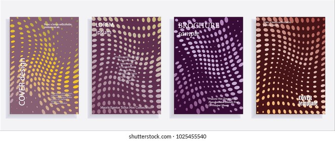Minimalistic cover design templates. Set of layouts for covers of books, albums, notebooks, reports, magazines. Line halftone gradient effect, flat modern abstract design. Geometric mock-up texture