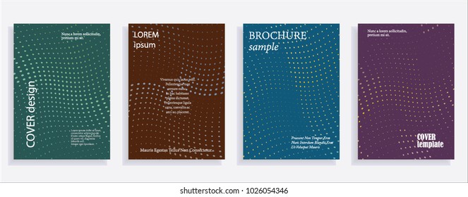 Minimalistic cover design templates. Set of layouts for covers of books, albums, notebooks, reports, magazines. Line halftone gradient effect, flat modern abstract design. Geometric mock-up texture