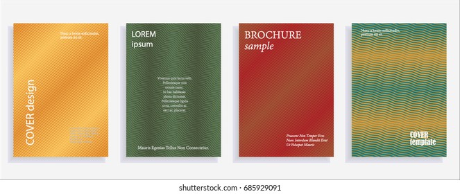 Minimalistic cover design templates. Set of layouts for covers of books, albums, notebooks, reports, magazines. Line halftone gradient effect, flat modern abstract design. Geometric mock-up texture