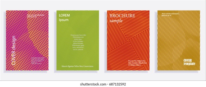 Minimalistic cover design templates. Set of layouts for covers of books, albums, notebooks, reports, magazines. Line halftone gradient effect, flat modern abstract design. Geometric mock-up texture