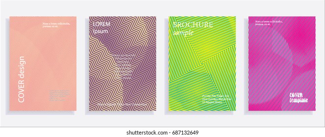 Minimalistic cover design templates. Set of layouts for covers of books, albums, notebooks, reports, magazines. Line halftone gradient effect, flat modern abstract design. Geometric mock-up texture