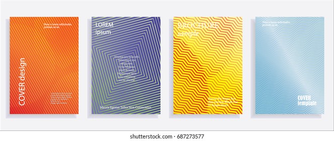 Minimalistic cover design templates. Set of layouts for covers of books, albums, notebooks, reports, magazines. Line halftone gradient effect, flat modern abstract design. Geometric mock-up texture