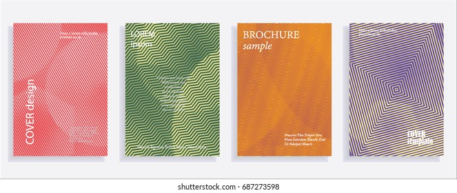 Minimalistic cover design templates. Set of layouts for covers of books, albums, notebooks, reports, magazines. Line halftone gradient effect, flat modern abstract design. Geometric mock-up texture