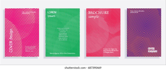 Minimalistic cover design templates. Set of layouts for covers of books, albums, notebooks, reports, magazines. Line halftone gradient effect, flat modern abstract design. Geometric mock-up texture