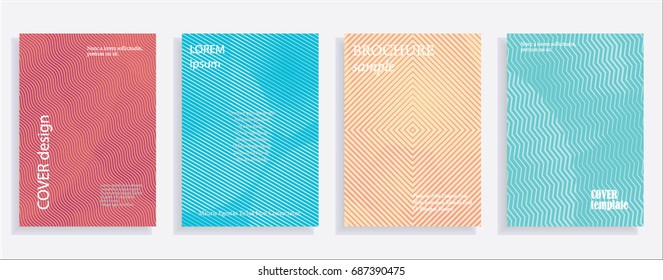 Minimalistic cover design templates. Set of layouts for covers of books, albums, notebooks, reports, magazines. Line halftone gradient effect, flat modern abstract design. Geometric mock-up texture