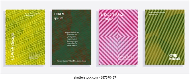 Minimalistic cover design templates. Set of layouts for covers of books, albums, notebooks, reports, magazines. Line halftone gradient effect, flat modern abstract design. Geometric mock-up texture