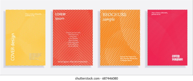 Minimalistic cover design templates. Set of layouts for covers of books, albums, notebooks, reports, magazines. Line halftone gradient effect, flat modern abstract design. Geometric mock-up texture