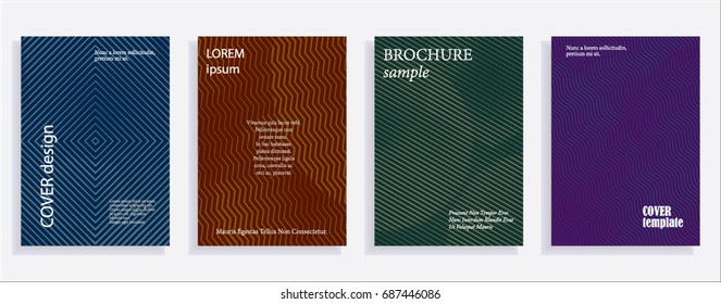 Minimalistic cover design templates. Set of layouts for covers of books, albums, notebooks, reports, magazines. Line halftone gradient effect, flat modern abstract design. Geometric mock-up texture