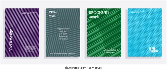 Minimalistic cover design templates. Set of layouts for covers of books, albums, notebooks, reports, magazines. Line halftone gradient effect, flat modern abstract design. Geometric mock-up texture