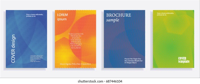 Minimalistic cover design templates. Set of layouts for covers of books, albums, notebooks, reports, magazines. Line halftone gradient effect, flat modern abstract design. Geometric mock-up texture