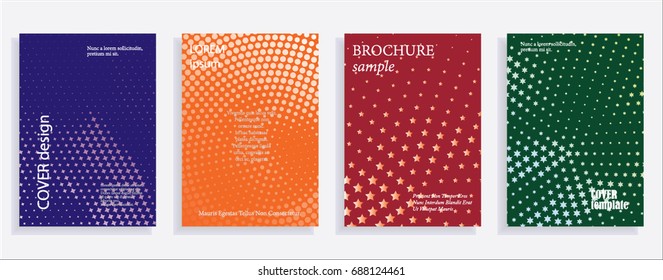 Minimalistic cover design templates. Set of layouts for covers of books, albums, notebooks, reports, magazines. Star halftone gradient effect, flat modern abstract design. Geometric mock-up texture
