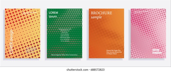 Minimalistic cover design templates. Set of layouts for covers of books, albums, notebooks, reports, magazines. Star halftone gradient effect, flat modern abstract design. Geometric mock-up texture