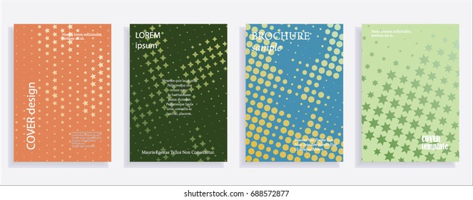 Minimalistic cover design templates. Set of layouts for covers of books, albums, notebooks, reports, magazines. Star halftone gradient effect, flat modern abstract design. Geometric mock-up texture