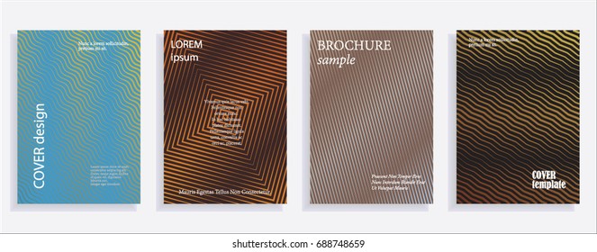 Minimalistic cover design templates. Set of layouts for covers of books, albums, notebooks, reports, magazines. Line halftone gradient effect, flat modern abstract design. Geometric mock-up texture