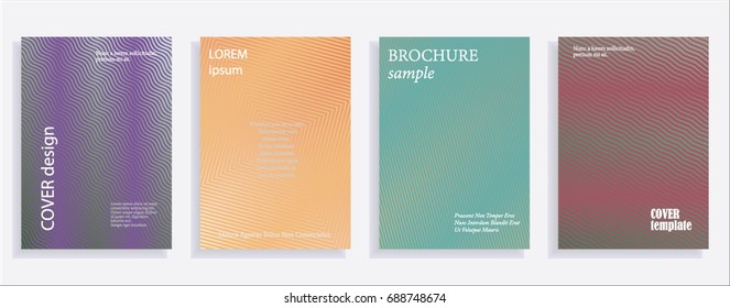 Minimalistic cover design templates. Set of layouts for covers of books, albums, notebooks, reports, magazines. Line halftone gradient effect, flat modern abstract design. Geometric mock-up texture