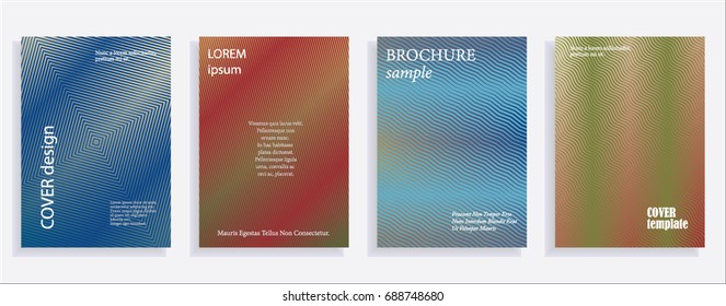 Minimalistic cover design templates. Set of layouts for covers of books, albums, notebooks, reports, magazines. Line halftone gradient effect, flat modern abstract design. Geometric mock-up texture