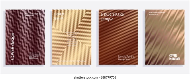 Minimalistic cover design templates. Set of layouts for covers of books, albums, notebooks, reports, magazines. Line halftone gradient effect, flat modern abstract design. Geometric mock-up texture