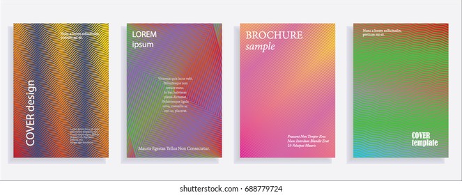 Minimalistic cover design templates. Set of layouts for covers of books, albums, notebooks, reports, magazines. Line halftone gradient effect, flat modern abstract design. Geometric mock-up texture