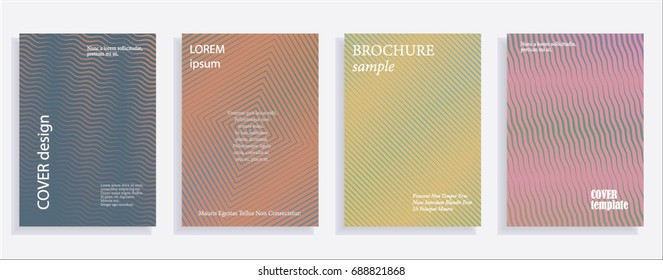 Minimalistic cover design templates. Set of layouts for covers of books, albums, notebooks, reports, magazines. Line halftone gradient effect, flat modern abstract design. Geometric mock-up texture