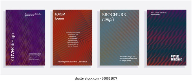 Minimalistic cover design templates. Set of layouts for covers of books, albums, notebooks, reports, magazines. Line halftone gradient effect, flat modern abstract design. Geometric mock-up texture