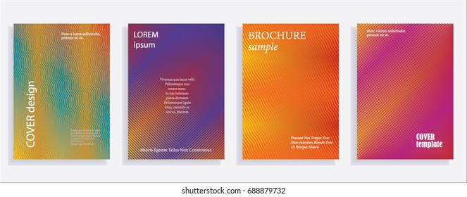 Minimalistic cover design templates. Set of layouts for covers of books, albums, notebooks, reports, magazines. Line halftone gradient effect, flat modern abstract design. Geometric mock-up texture