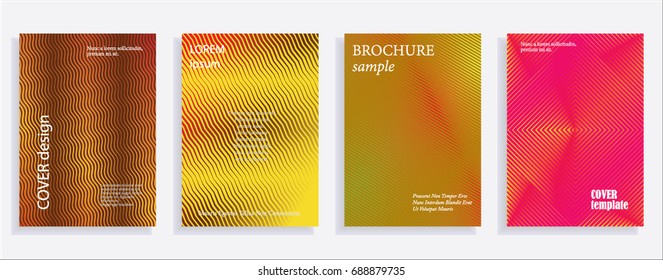 Minimalistic cover design templates. Set of layouts for covers of books, albums, notebooks, reports, magazines. Line halftone gradient effect, flat modern abstract design. Geometric mock-up texture