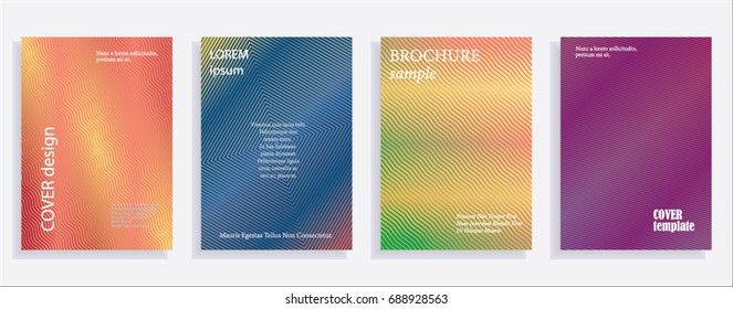 Minimalistic cover design templates. Set of layouts for covers of books, albums, notebooks, reports, magazines. Line halftone gradient effect, flat modern abstract design. Geometric mock-up texture