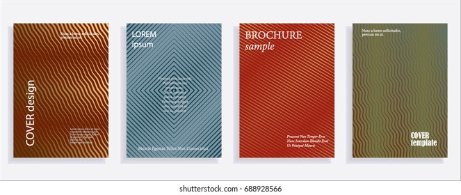 Minimalistic cover design templates. Set of layouts for covers of books, albums, notebooks, reports, magazines. Line halftone gradient effect, flat modern abstract design. Geometric mock-up texture