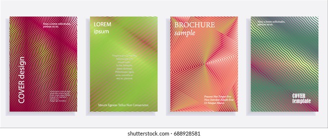 Minimalistic cover design templates. Set of layouts for covers of books, albums, notebooks, reports, magazines. Line halftone gradient effect, flat modern abstract design. Geometric mock-up texture